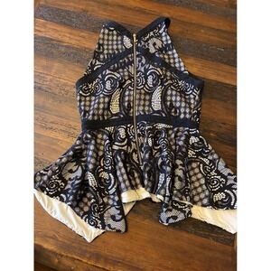 Bebe Black Contrast Lace Peplum Top, Women's size large